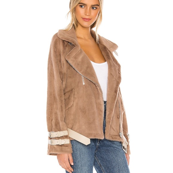 Faux Fur Biker Jacket in Mocha - Picture 3 of 4